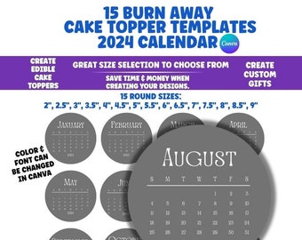 Kuchenkalender, Burn Away Cake Topper Kalendervorlage, Benutzerdefinierter Сake Topper, 2024 druckbarer Kalender, Geburtstagskuchendeckel, Canva bearbeitbar
