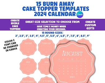 Kuchenkalender, Burn Away Cake Topper Kalendervorlage, Benutzerdefinierter Сake Topper, 2024 druckbarer Kalender, Geburtstagskuchendeckel, Canva bearbeitbar
