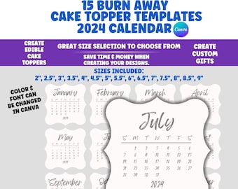 Kuchenkalender, Burn Away Cake Topper Kalendervorlage, Benutzerdefinierter Сake Topper, 2024 druckbarer Kalender, Geburtstagskuchendeckel, Canva bearbeitbar