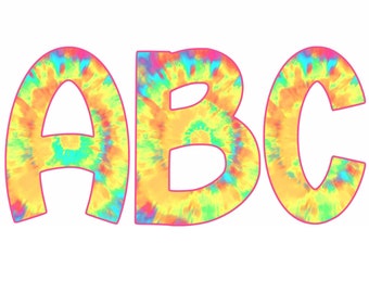 Puede incluir: Descarga digital con las letras A, B y C en un vibrante diseño tie-dye. Las letras tienen un contorno rosa y están rellenas de tonos amarillos, naranjas, azules y rosas. La imagen también incluye el texto "DIGITAL DOWNLOAD 26 PNG FILES 300 DPI".