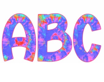 Puede incluir: Descarga digital con las letras A, B y C en un vibrante diseño tie-dye. Las letras están delineadas en rosa y rellenas con un patrón arremolinado de azul, rojo y naranja. La imagen también incluye el texto "DIGITAL DOWNLOAD 26 PNG FILES 300 DPI".