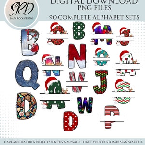 May include: A set of 90 Christmas-themed alphabet letters with a split design. Each letter is decorated with a different festive pattern, including snowflakes, lights, and Santa hats. The letters are perfect for creating personalised Christmas crafts.