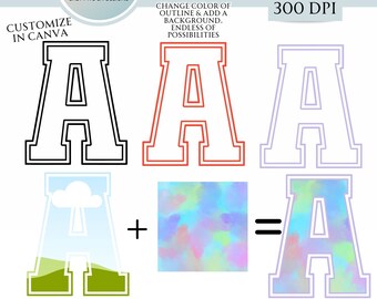 Canva-letterframes, invulbare letters, Canva-frames met slepen en neerzetten, Canva-frames met Varsity-lettertype - Aanpasbare letters voor dynamische ontwerpen.