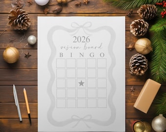 2026 Vision Board Bingo Card, Printable New Years Bingo, Minimalist Bow Resolution Template, Editable NYE Party Activity, Goal Bingo Game