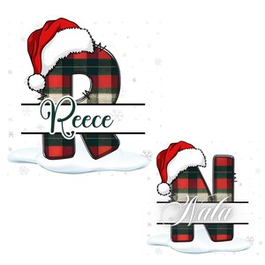 May include: Festive monogram letters R and N, featuring a red and black tartan design and a Santa hat. The name "Reece" is displayed on the letter R, and the name "Nala" is displayed on the letter N.