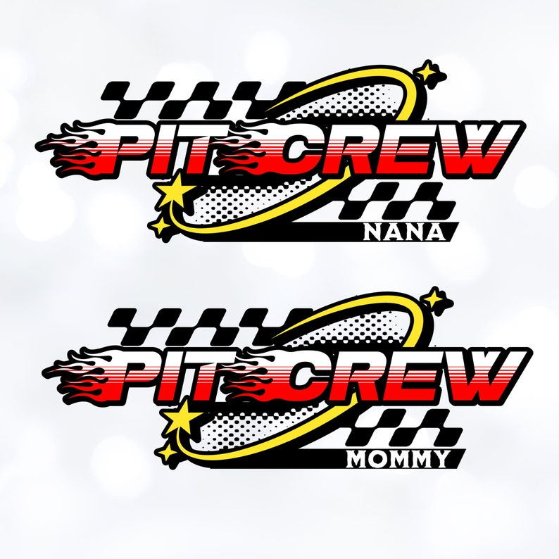 K&ouml;nnte beinhalten: Zwei schwarz-wei&szlig;e karierte Rennflaggen mit einem gelben Oval und einem roten und wei&szlig;en "PIT CREW"-Text. Die obere Flagge hat den Text "NANA" und die untere Flagge den Text "MOMMY".