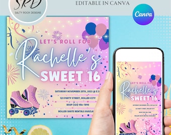 May include: A digital download invitation for a Sweet 16 party. The design features roller skates, balloons, and confetti in shades of pink, purple, and blue. The text reads "Let's Roll for Rachelle's Sweet 16". The invitation is editable in Canva.