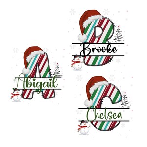 May include: Christmas-themed monogram designs featuring the letters A, B, and C, each adorned with a Santa hat and a candy cane stripe pattern in red, green, and white. The names Abigail, Brooke, and Chelsea are displayed below each letter, along with a snowman and Christmas tree.