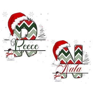 May include: Two Christmas-themed designs featuring letters "D" and "N" with names "Reece" and "Nala". Each letter is decorated with a red Santa hat, a green and red chevron pattern, and a snowman. Snowflakes and Christmas trees are also included.