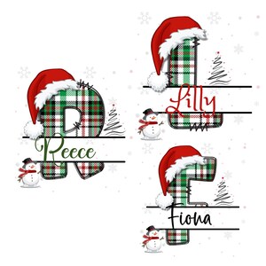 May include: Three Christmas-themed monogram designs featuring letters D, L, and F. Each letter is decorated with a red and green plaid pattern and a Santa hat. Snowmen and Christmas trees are also included.