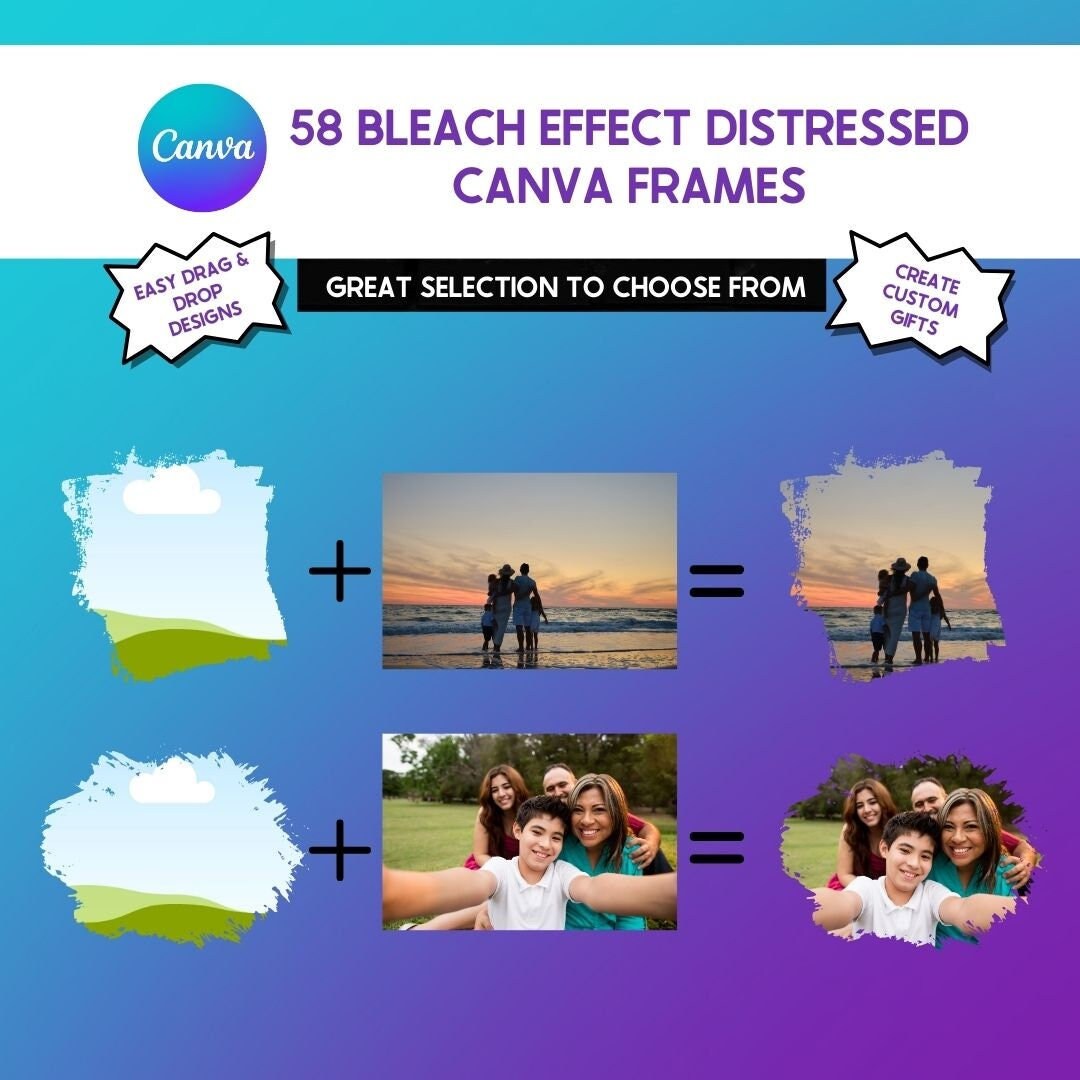 Bewerkbare canvasframes, noodlijdende frames met bleekeffect, aangepast ontwerp met slepen en neerzetten, 58 unieke png-sjablonen
