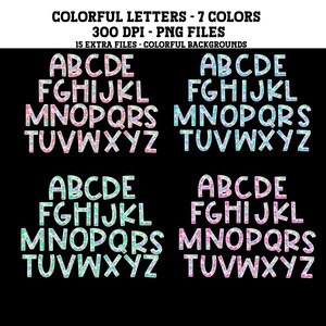 May include: Digital alphabet letters in four different arrangements. Each set of letters is in a colorful, patterned design with a black background. The image text says "COLORFUL LETTERS - 7 COLORS" and "300 DPI - PNG FILES".