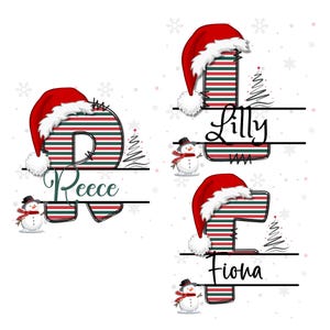 May include: Festive Christmas designs with letters in red and green stripes, each adorned with a Santa hat. The designs include names, a snowman, and a Christmas tree. The names displayed are Reece, Lilly, and Fiona.