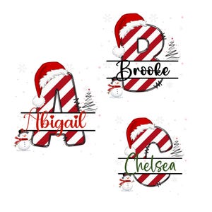 May include: Three Christmas-themed monogram designs featuring the letters A, B, and C. Each letter is red and white striped, topped with a Santa hat, and includes a name. Snowflakes and a snowman are also included.