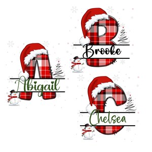 May include: Christmas-themed monogram designs featuring the letters A, B, and C, each adorned with a Santa hat and a red and black plaid pattern. The names Abigail, Brooke, and Chelsea are displayed below each letter.