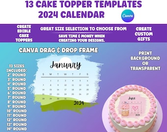 Cake Calendar, Burn Away Cake Topper Calendar Template, Custom Сake Topper, 2024 Calendar Printable, Birthday Cake Topper, Canva Frame