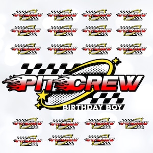 K&ouml;nnte beinhalten: Ein rotes und gelbes Grafikdesign mit dem Text "PIT CREW" in fetter Schrift. Das Design enth&auml;lt eine karierte Flagge, Flammen und einen Stern. Der Text "BIRTHDAY BOY" befindet sich unterhalb des Hauptdesigns.