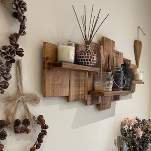 Rustic wooden pallet wall shelf, wall art, farmhouse style shelving unit made from 100% recycled pallet wood.  Indoor or outdoor