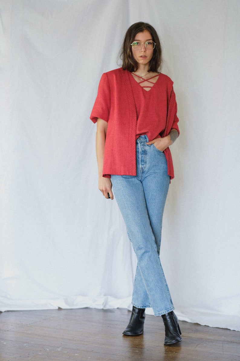 Two piece suit Minimal Vintage red short sleeve overcoat