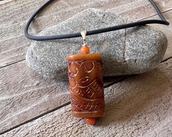 Snake Carved Brown Agate Pillow Shape Pendant Necklace - Black Cord & Sterling Silver Findings