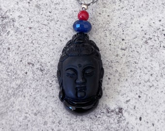 Obsidian Guan Yin Chain Necklace w/ Lapis and Coral Agate Beads