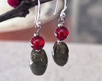 Dark Jade & Carnelian Barrel Earrings - Sterling Silver Fish Hook