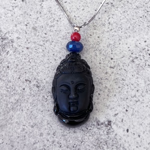 Obsidian Guan Yin Chain Necklace w/ Lapis and Coral Agate Beads