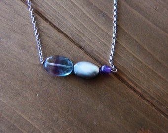 Rainbow Fluorite, Black Mother of Pearl Shell, Amethyst Agate Chain Necklace