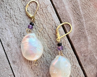 Baroque Pearl Earrings with Amethyst Bead Accent - in Vermeil Gold or Silver - Sterling Silver Gold Plating