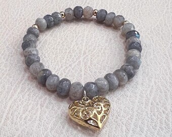 Heart Charm Gray Quartz Brass Bracelet