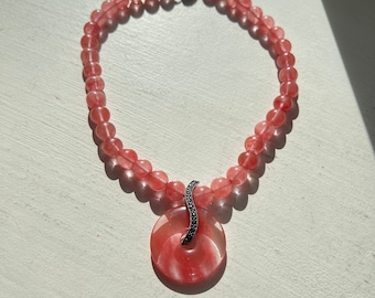 Bright Cherry Quartz Bead Necklace w/ Marcasite Accents & Ball Clasp - 16inch