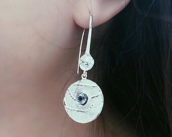 Round Bark Gemstone Drop Earrings - Garnet or Blue Topaz