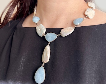 Aquamarine & Irregular White Freshwater Pearl Necklace with Sterling Silver Oxidized Findings
