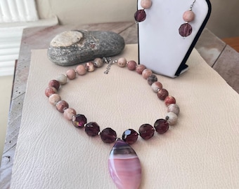 Rose and Purple Agate Crystal Stone Jewelry Set - Necklace and Earrings - Sterling Silver