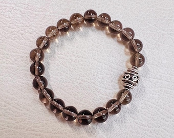 Genuine Smoky Quartz Elastic Bracelet w/ Wavy Brass Bead Accent