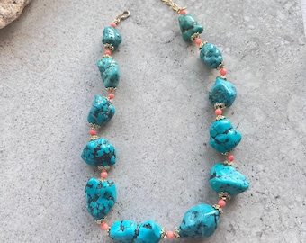 Bronze Blue Howlite Nugget Necklace - Coral Accents - Gold Plated