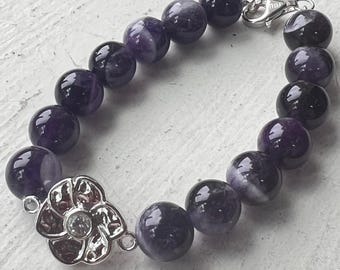 Amethyst Stone Beaded Bracelet with Flower Charm - Sterling Silver