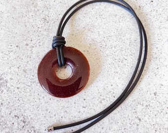 Gold Sand Agate Necklace | Donut Shaped | 17.5 inches w/ black cord