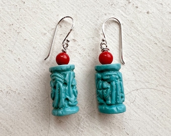 Turquoise-Coral Carved Bead Earrings
