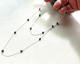 Black Crystal Station Necklace - Sterling Silver - Faceted Beads