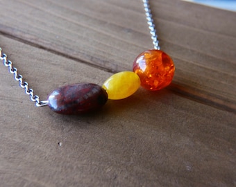 Synth. Amber, Yellow Jade, Brecciated Jasper Chain Necklace