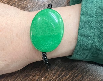 Big Oval Green Jade with Black onyx beads Bracelet- lobster lock