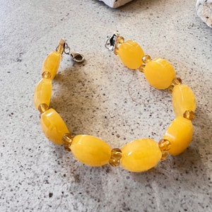 Chess-Cut Yellow Jade Bead Bracelet - Sterling Silver