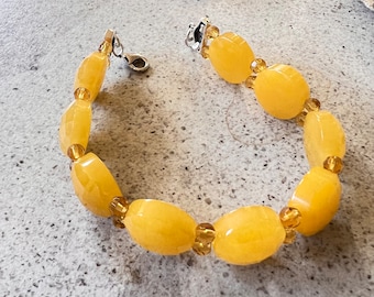 Chess-Cut Yellow Jade Bead Bracelet - Sterling Silver