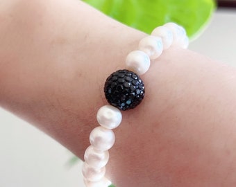 Black Spinel Ball & Freshwater Pearl Bead Bracelet - Sterling Silver Findings