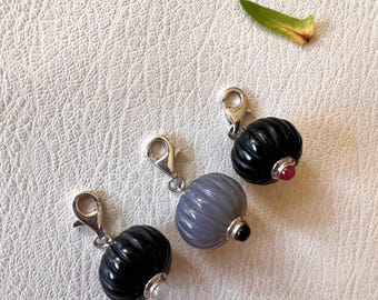 Stone Pumpkin Charm - Lobster Claw Sterling Silver Closure - Onyx, Gray Agate, Quartz