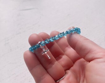 Blue Crystal Beaded Cross Bracelet - Sterling Silver
