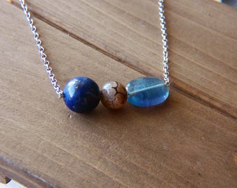Blue Refract Chain Necklace - Blue Lapis, Chrysanthemum Agate, Rainbow Fluorite