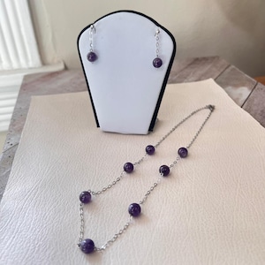 Amethyst Bead Sterling Silver Chain Necklace & Earrings Set