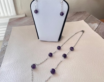 Amethyst Bead Sterling Silver Chain Necklace & Earrings Set